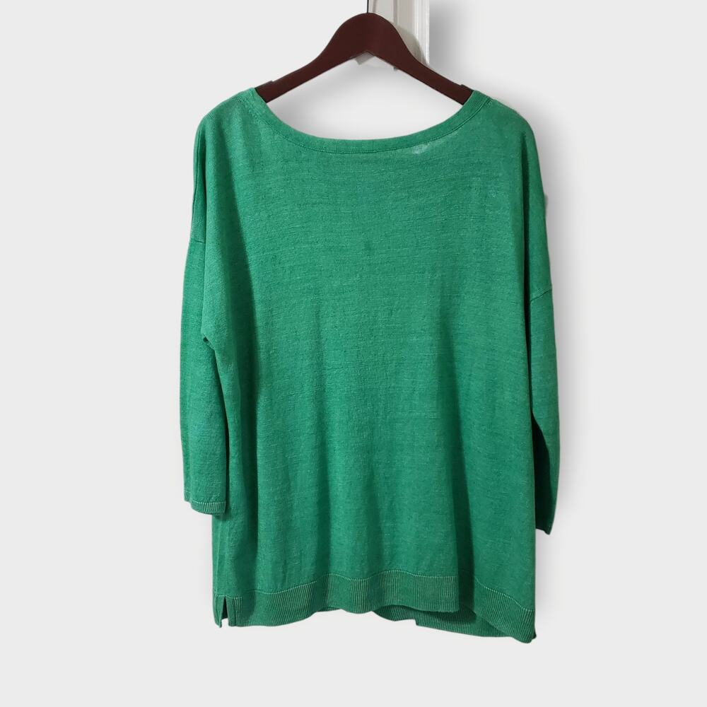Talbots Green Linen Boatneck Sweater Sz XL Drop Shoulder 3/4 Sleeve Boxy Relaxed